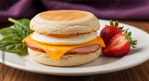 Breakfast sandwich on plate with strawberries and spinach, close-up shot