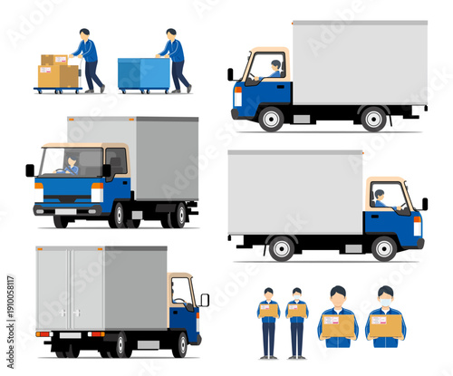 宅配便のトラックとスタッフのセット_青