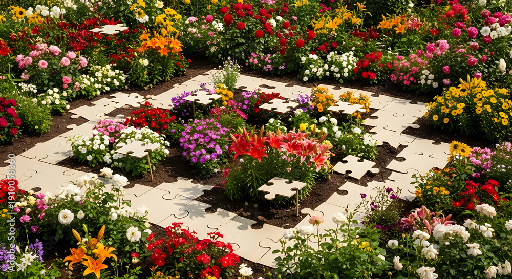 Obraz premium Colorful Flower Garden with Puzzle Pieces in Bright Sunlight