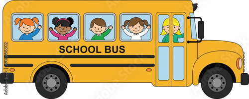 Cute cartoon school bus with happy children waving from windows, yellow transportation vehicle illustration isolated on white background, back to school concept