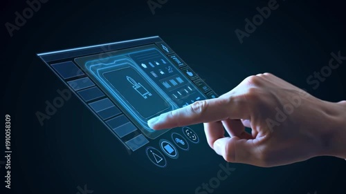 Hand Interacting With Futuristic Holographic Touchscreen Interface Over Dark Background