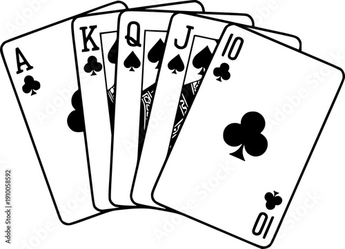 Playing cards royal flush icon vector black silhouette print design
