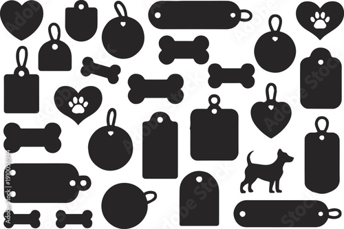 dog tag silhouette icons heart bone paw dog id label shapes set vector
