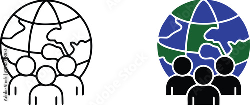 global community icons people and globe outline and glyph