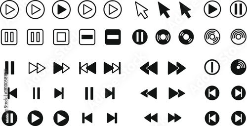 Vector set of media player icons with play pause stop and fast forward buttons for UI UX design