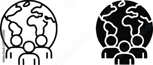 global community glyphs people silhouettes with globe symbol
