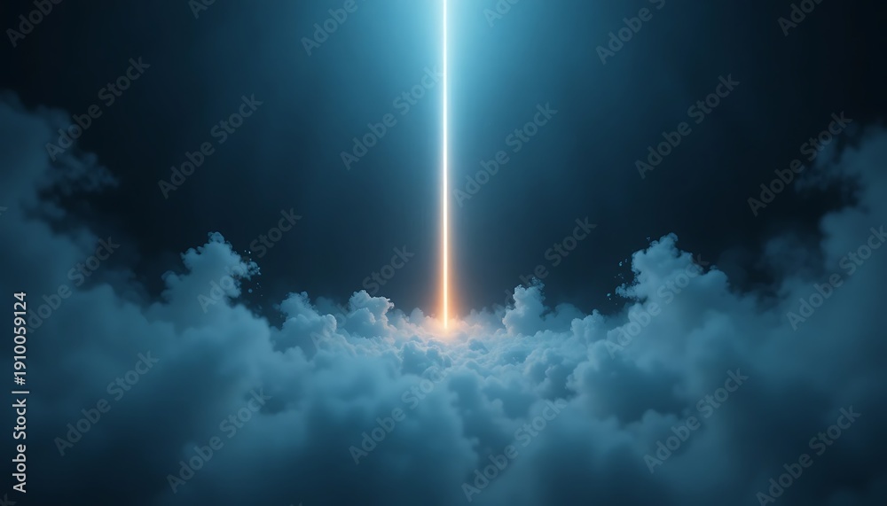 Obraz premium Cinematic vertical beam of light piercing through a dense bed of blue clouds. Ethereal mystical atmosphere with glowing energy. Epic surreal sky background for sci-fi and spiritual concepts.