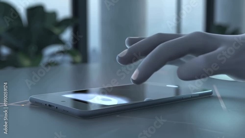 Hand Touching Smartphone Screen On Desk With Futuristic Technology Interface And Soft Blue Light