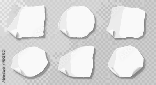 Vector set of realistic torn white paper pieces with curled edges, featuring various shapes for design elements, notes, and creative projects on a transparent background
