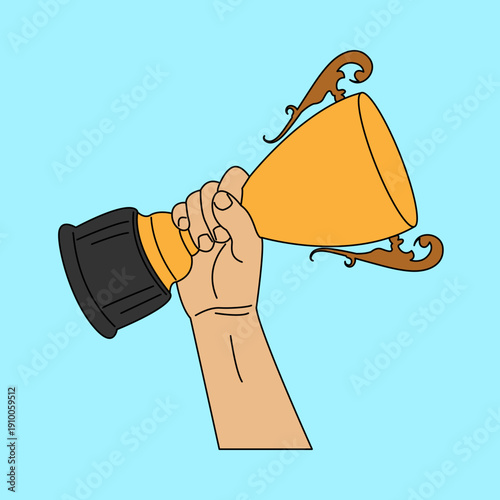A hand holding a golden trophy with ornate handles against a light blue background.