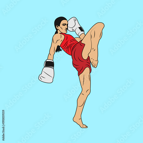 Dynamic illustration of a female kickboxer in red attire and white gloves performing a powerful high kick.