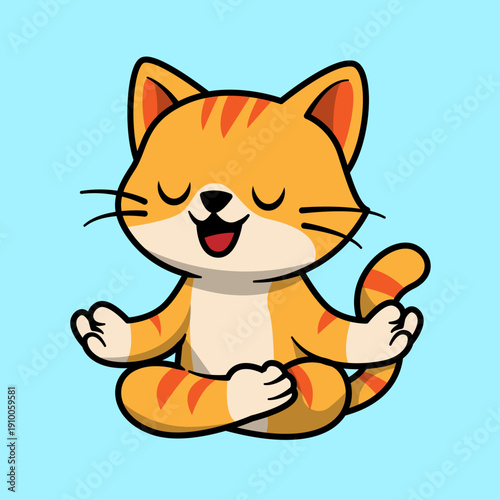 A cute cartoon orange tabby cat meditating peacefully with closed eyes and a happy expression on a light blue background.