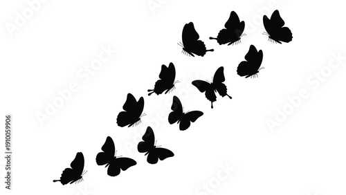 A flock of butterflies flying in a diagonal formation against a white background isolated on white background, Vector