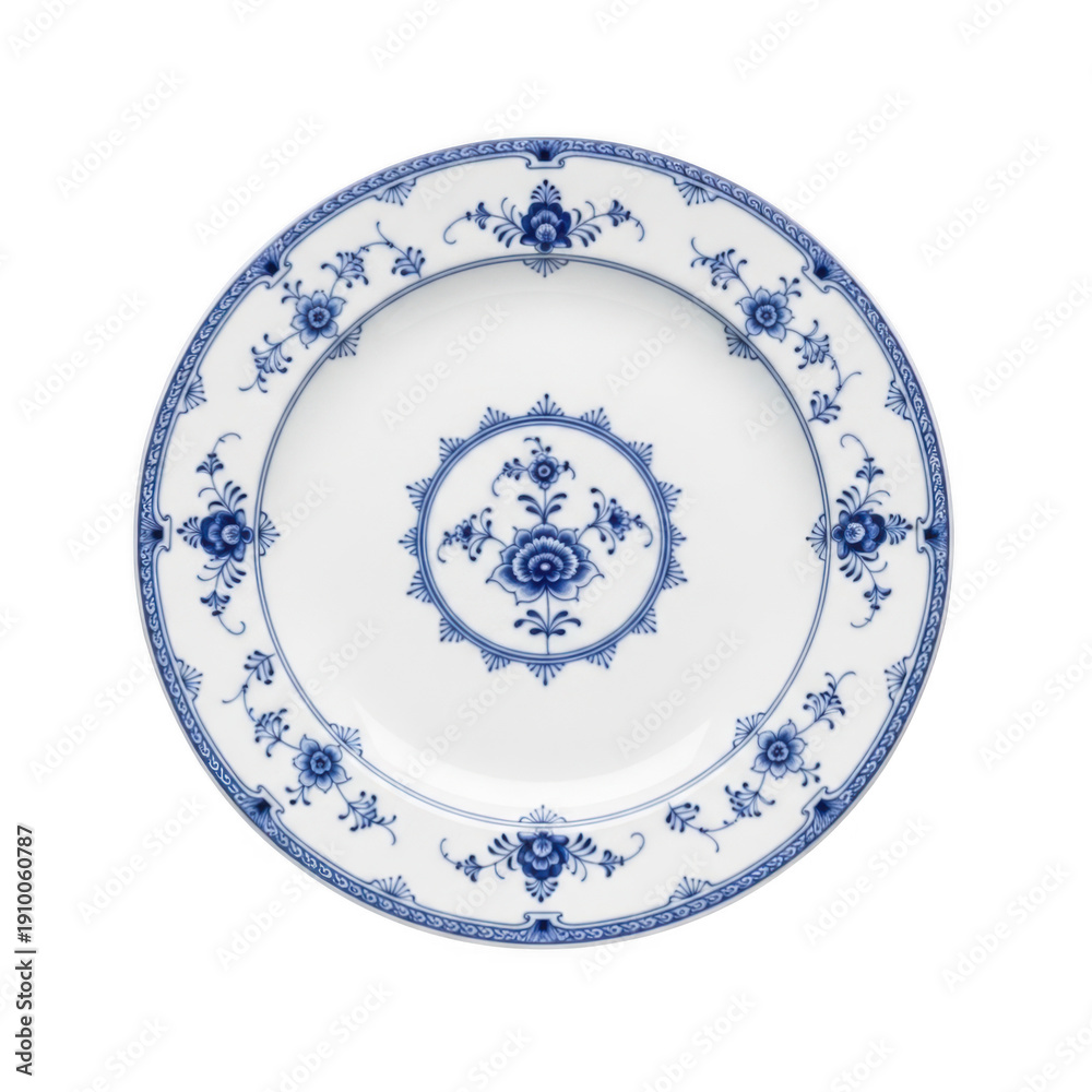 Fototapeta premium A beautifully decorated blue and white porcelain plate with intricate floral designs. isolated on transparent background