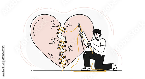 A person mending a broken heart with needle and thread, symbolizing healing and recovery.