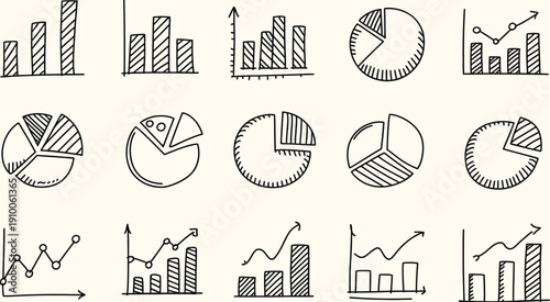 Hand Drawn Business and Financial Charts Icons Collection – Doodle Style Graphs Vector Illustration.