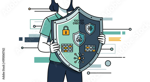 A person holding a large shield with various cybersecurity and data protection icons, representing digital security and network defense.
