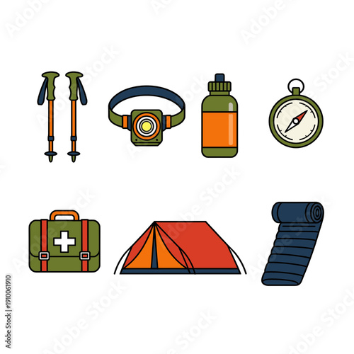 Outdoor camping equipment icons including hiking poles, headlamp, water bottle, compass, first aid kit, tent, and sleeping bag