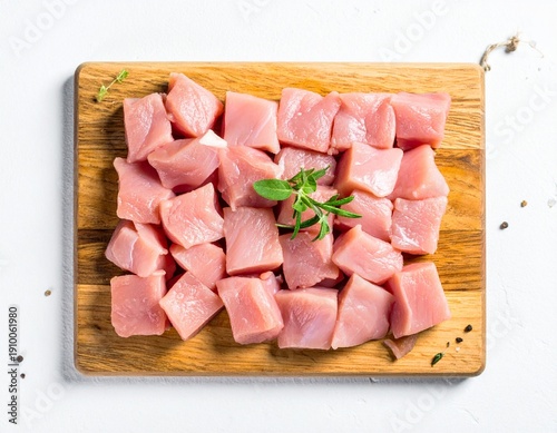 Raw chicken meat fillet cut into cubes on cutting board. White background.