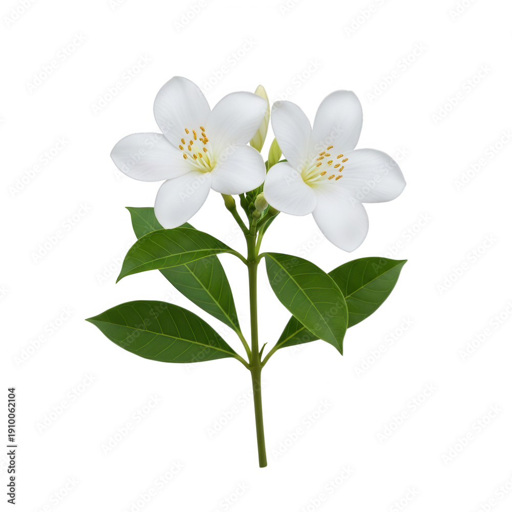 Obraz premium A close-up view of a blooming white flower with green leaves isolated on transparent background