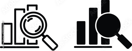 Data Analysis and Business Intelligence Icon – Bar Charts and Magnifying Glass for Statistical Research and Financial Insights.