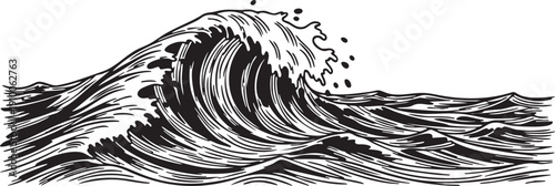 Retro Vintage Style Crashing Ocean Wave Illustration. Minimalist Sea Surf Vector Graphic in Black and White Woodcut Art.