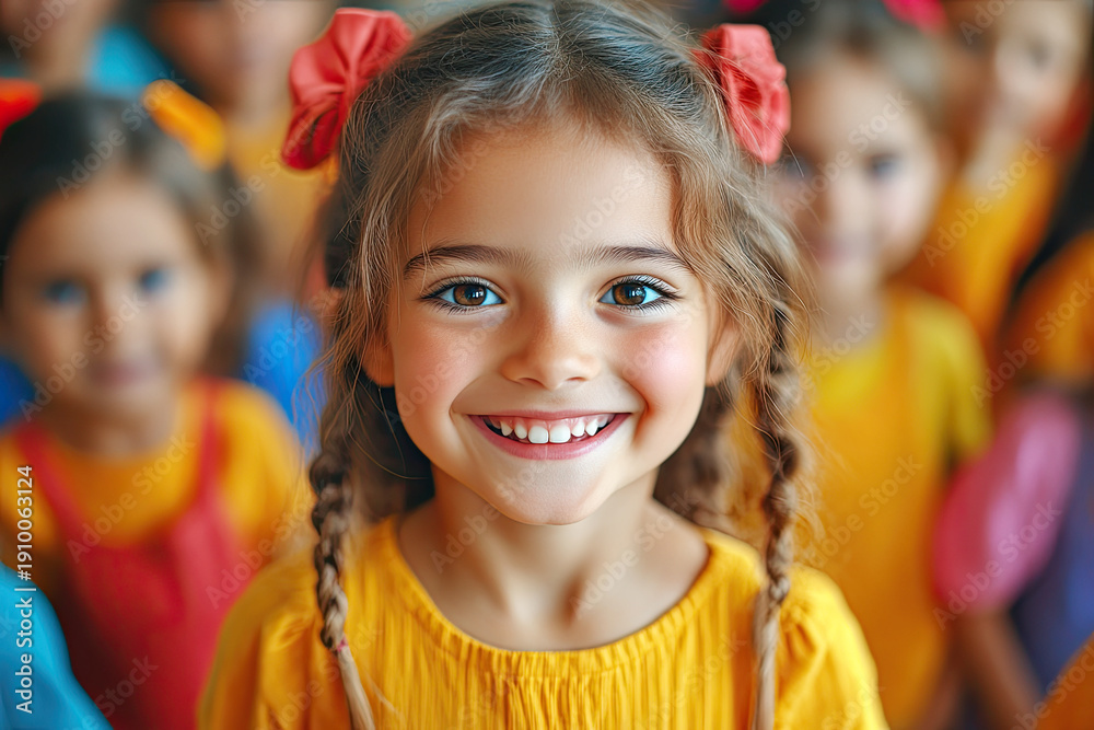 Fototapeta premium A smiling young girl with braided hair and red bows stands in focus among blurred children in colorful clothes.