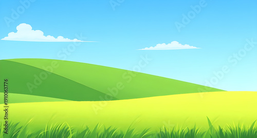 cartoon, landscape, meadow, grassland, greenfield, field, pasture, lawn, countryside, rural, outdoor, scenery, horizon, plains, farmland, sky, bluesky, clouds, cloudscape, sunlight, sunny, bright, fre