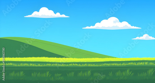 cartoon, landscape, field, grass, green, meadow, pasture, plain, countryside, rural, outdoor, scenery, horizon, farmland, sky, blue, clouds, cloudscape, sunshine, sunny, daylight, bright, fresh, cheer