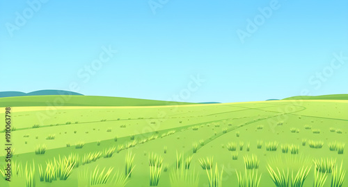cartoon, landscape, field, grass, green, meadow, pasture, plain, countryside, rural, outdoor, scenery, horizon, farmland, sky, blue, clouds, cloudscape, sunshine, sunny, daylight, bright, fresh, cheer