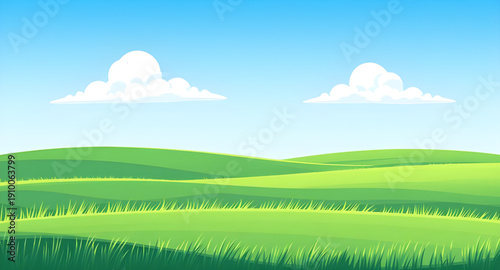 cartoon, landscape, field, grass, green, meadow, pasture, plain, countryside, rural, outdoor, scenery, horizon, farmland, sky, blue, clouds, cloudscape, sunshine, sunny, daylight, bright, fresh, cheer