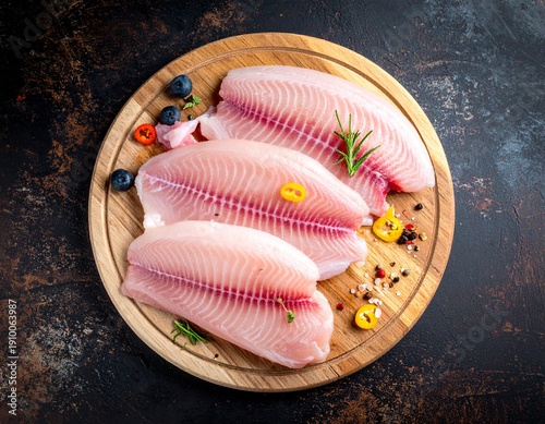 Raw tilapia fillet photography . Top view on rustic background