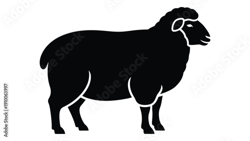 A black and white illustration of a sheep standing on all fours isolated on white background, Vector