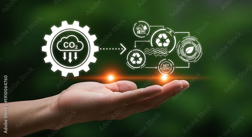 Fototapeta premium Hand holding net zero gear with CO2 reduction and recycling icons