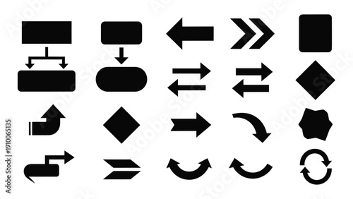 A collection of diverse black icons representing various actions and shapes isolated on white background, Vector