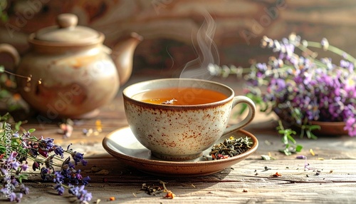 Warm herbal tea in a ceramic cup with dried herbs arranged naturally, wooden table background, soft morning light, wellness and relaxation mood, realistic photography, no people