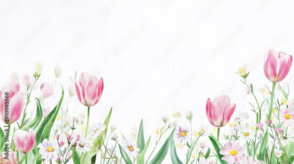 Fototapeta premium Delicate Tulips and Wildflowers on Soft White Background