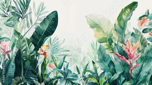 Vibrant Tropical Leaves and Flowers in Nature Illustration