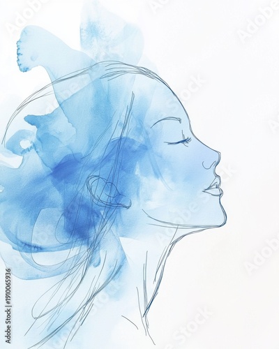 Serene Blue Watercolor Illustration of a Woman's Profile