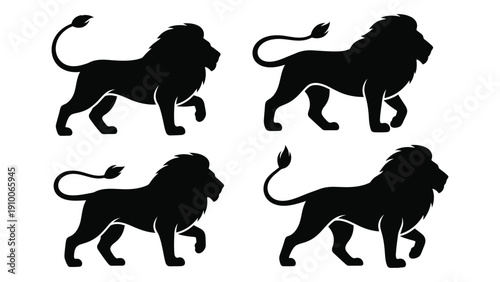 Four majestic lions in profile and face view, showcasing their powerful and regal presence. isolated on white background, Vector