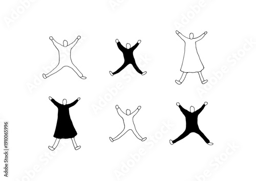 両手を広げてジャンプする人物のラフでゆるい手描きイラストセット
