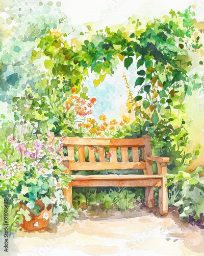 Serene Garden Bench Surrounded by Lush Greenery and Flowers