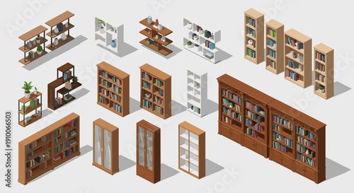 Isometric Collection of Diverse Bookshelves and Bookcases, Featuring Modern and Traditional Wooden Storage Units, Ideal for Interior Design and Digital Architectural Visualization