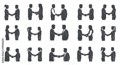Silhouettes of people shaking hands in agreement and partnership.