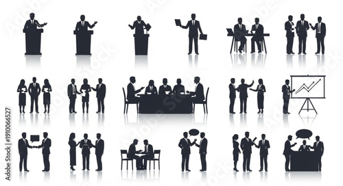 Business Meeting Silhouettes Collection Diverse Professional Scenarios.