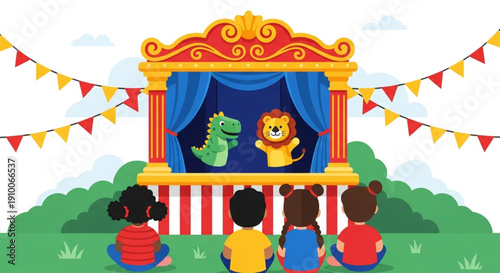 World Puppetry Day An enchanting outdoor puppet show captivates a group of young children, fostering imagination and entertainment with delightful characters