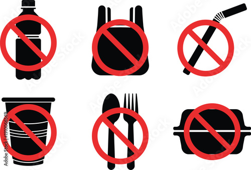 No Plastic and Zero Waste Prohibition Icon Set, Ban Single Use Plastic Symbols