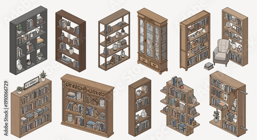 A diverse collection of isometric wooden bookshelves, filled with various books and decorative items, perfect for detailed digital library scenes or game environment assets