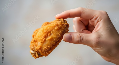 Close-up of a crispy fried chicken wing held between fingers against a neutral background