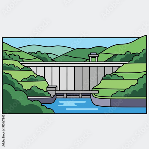 Hydroelectric dam infrastructure built between green hills and river